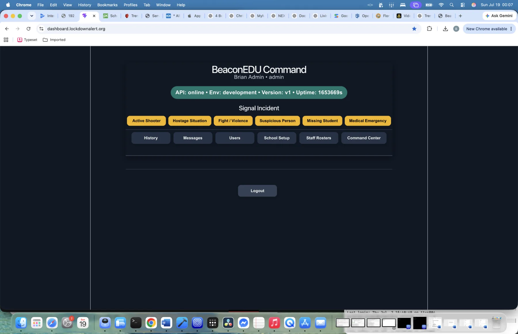 BeaconEDU dashboard before an incident