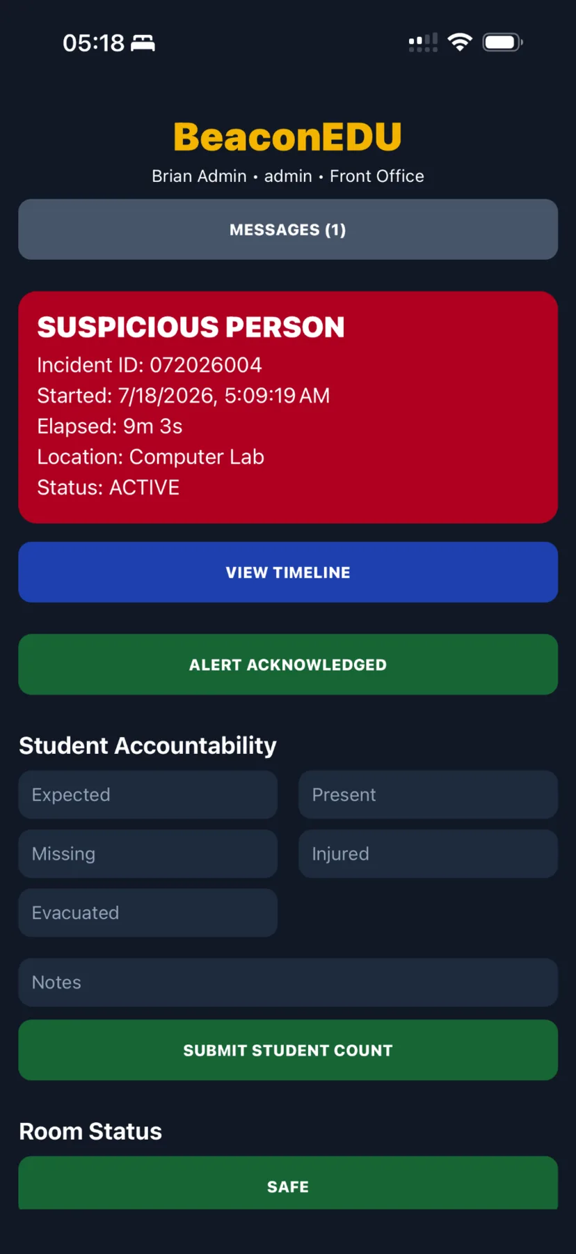 BeaconEDU mobile active incident screen