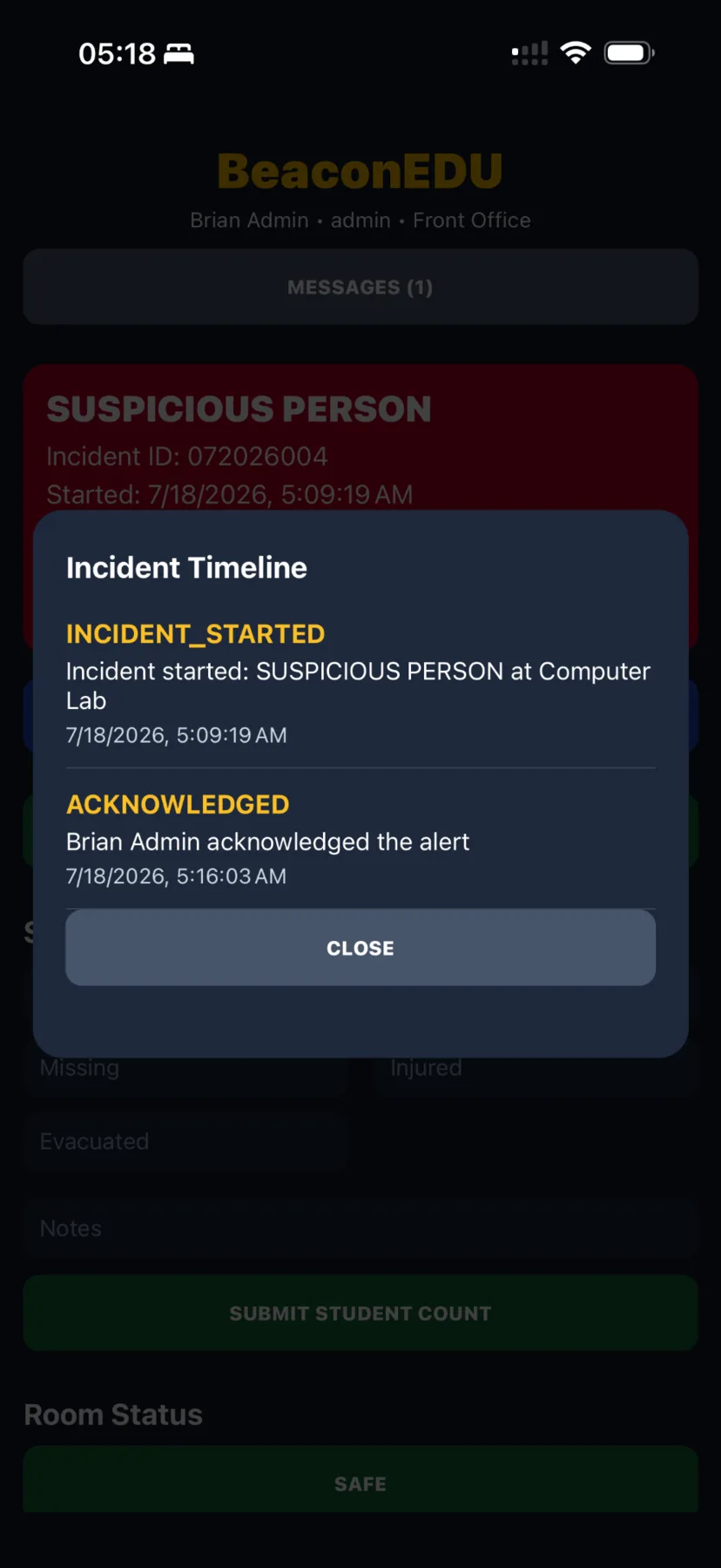 BeaconEDU mobile incident timeline